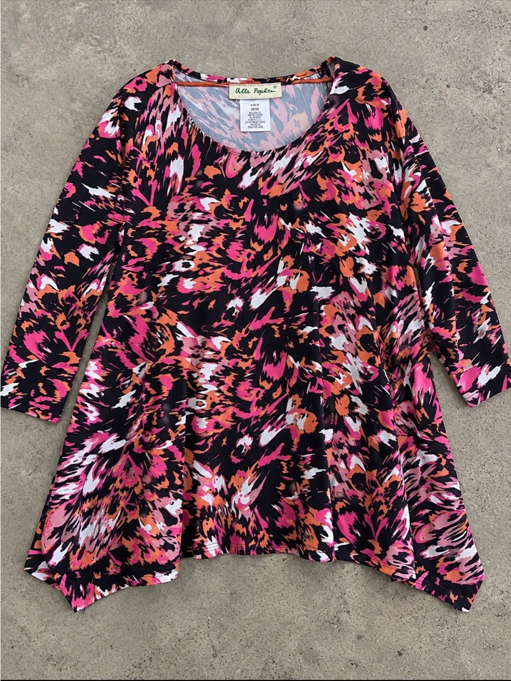 Ulla Popken Abstract Print Tunic Top 36/38 Relaxed Fit Stretch Handkerchief Hem
